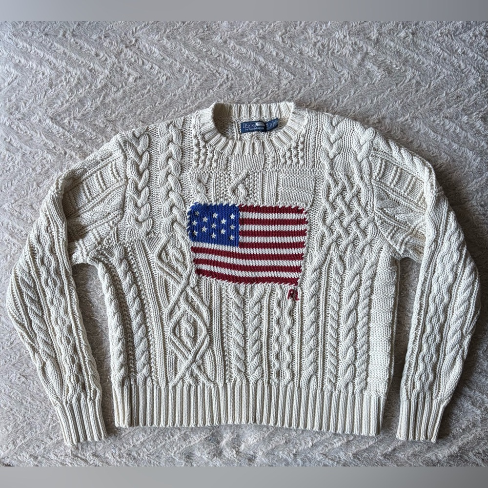 Polo Ralph Lauren Aran Knit Flag Cotton Cream Sweater XS